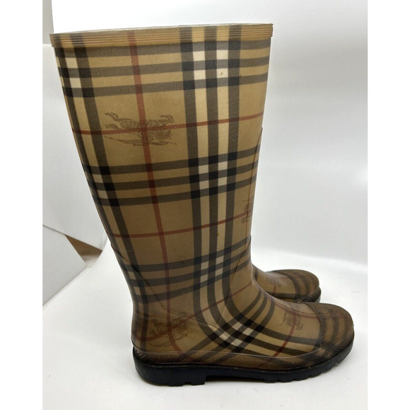 Burberry Rubber Rain Boots Women's Knee High Sz 7 Brown Novacheck Print Italy - Picture 4 of 9